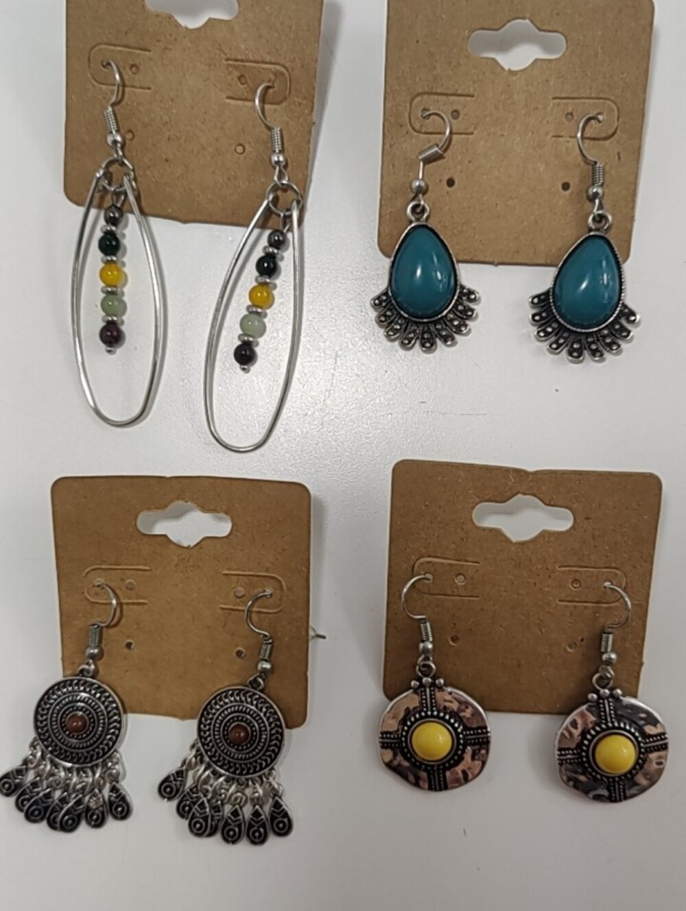 4 Pair Boho Southwestern Silver Tone Dangle Earrings Turquoise Beaded Statement